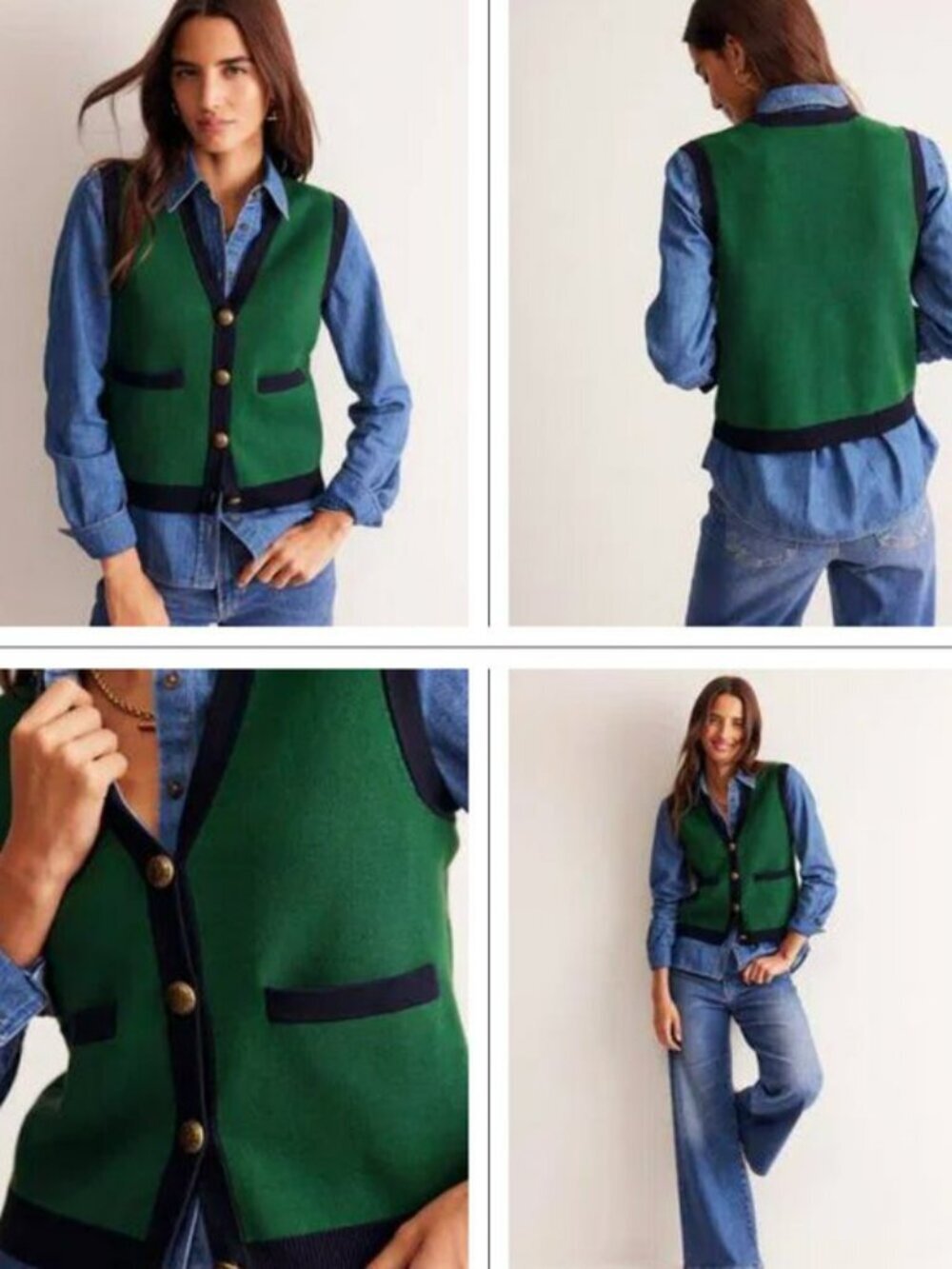Boden Green Cotton Vest with Navy Trim and Gold Buttons Size Large Academia Prep